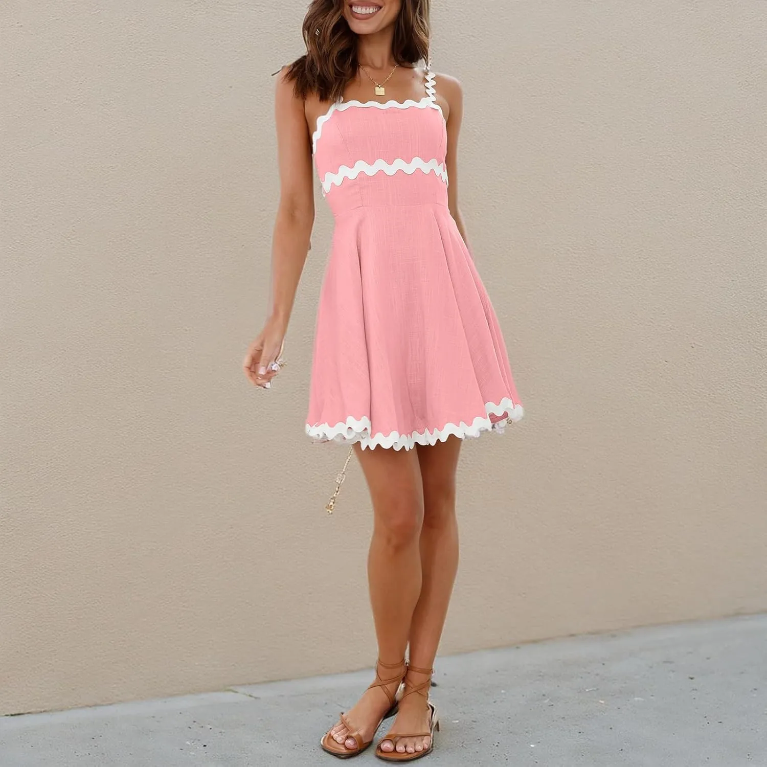 Senllen Womens Summer Flowy Mini Dress 2025 Casual Spaghetti Straps Sleeveless Smocked Backless Swing Wave Trim Sundress