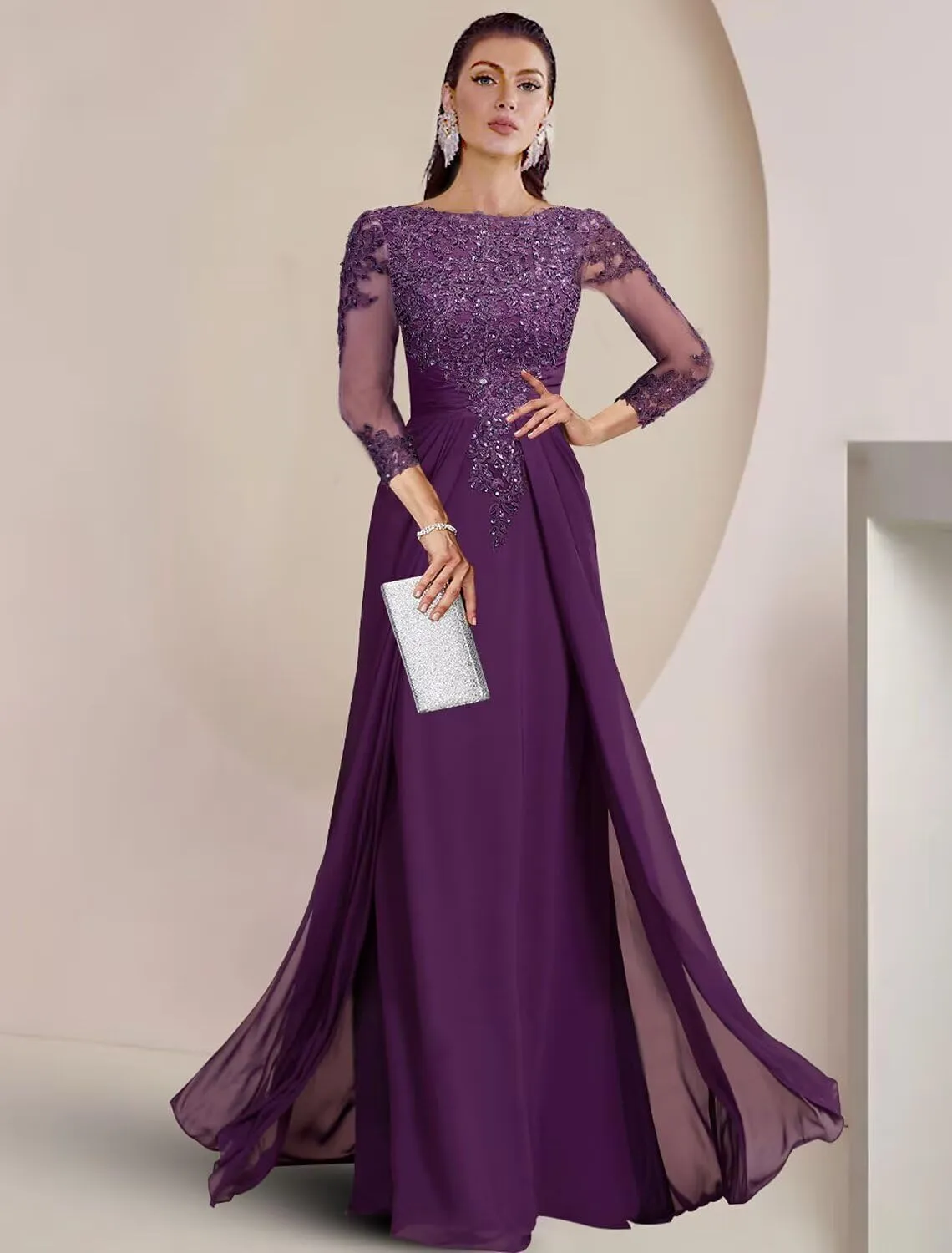Sequin Lace Mother of The Bride Dresses for Wedding 3/4 Sleeve Long Prom Dress Formal Evening Party Gown