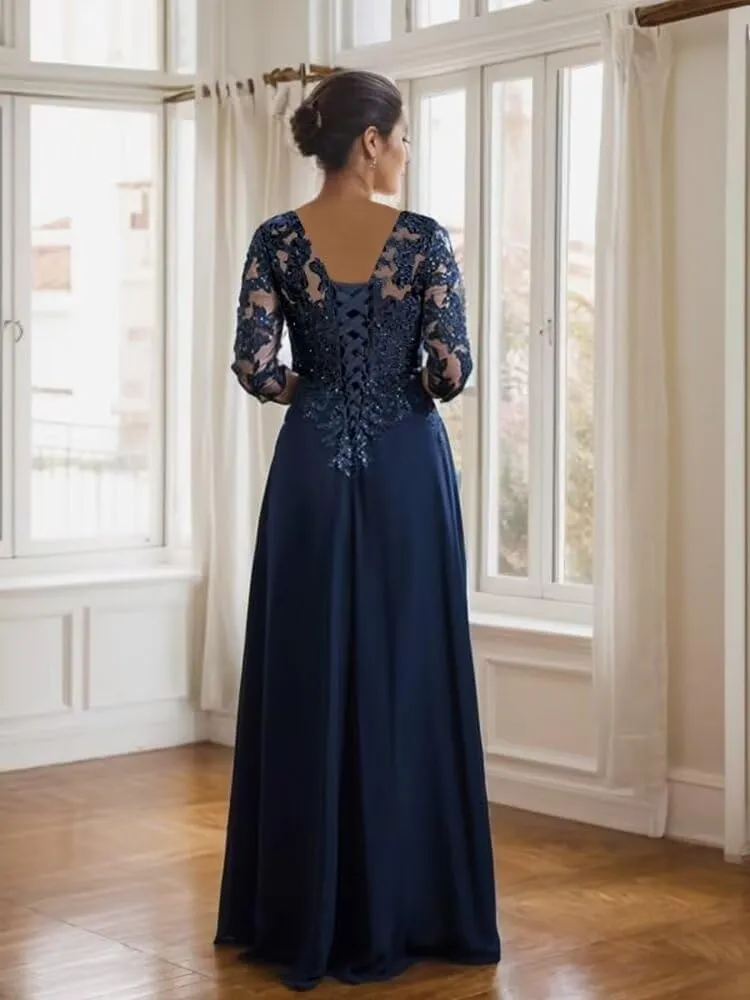 Sequin Lace Mother of The Bride Dresses for Wedding 3/4 Sleeve Long Prom Dress Formal Evening Party Gown