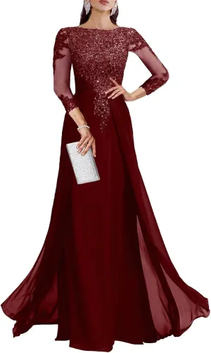 Sequin Lace Mother of The Bride Dresses for Wedding 3/4 Sleeve Long Prom Dress Formal Evening Party Gown