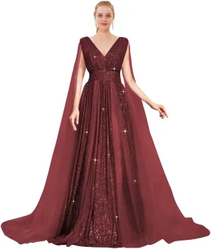 Sequin Prom Dresses with Cape Ball Gowns Tulle V Neck Formal Evening Dresses Sparkly Wedding Party Dress