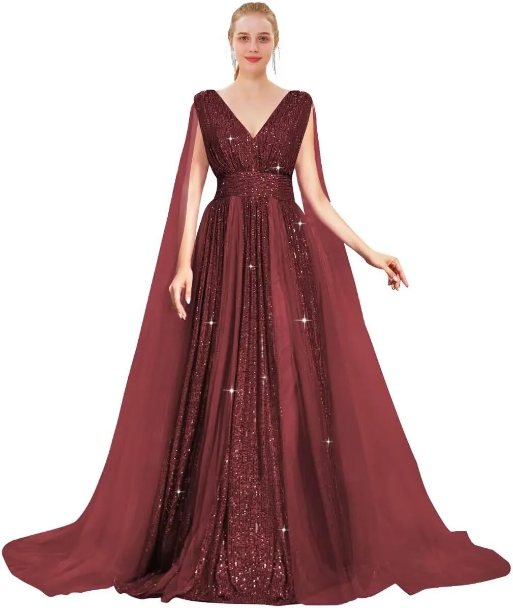 Sequin Prom Dresses with Cape Ball Gowns Tulle V Neck Formal Evening Dresses Sparkly Wedding Party Dress