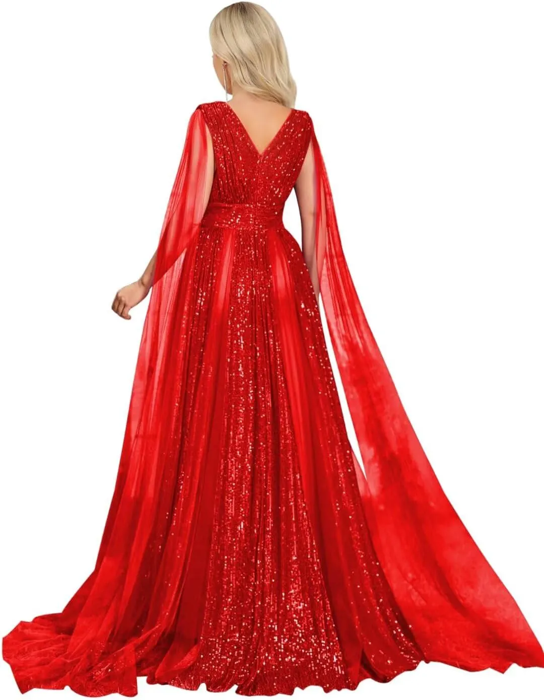 Sequin Prom Dresses with Cape Ball Gowns Tulle V Neck Formal Evening Dresses Sparkly Wedding Party Dress