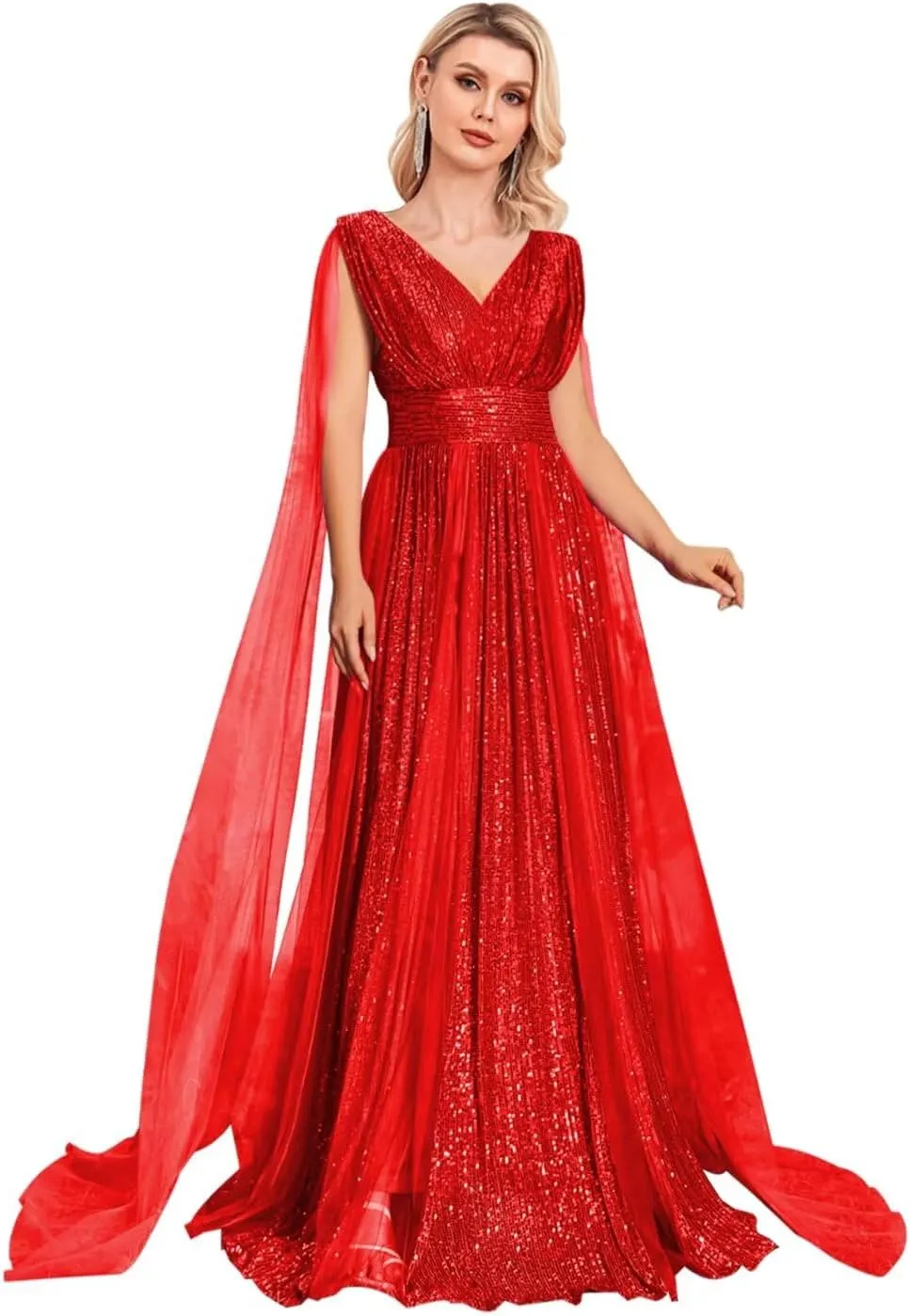 Sequin Prom Dresses with Cape Ball Gowns Tulle V Neck Formal Evening Dresses Sparkly Wedding Party Dress