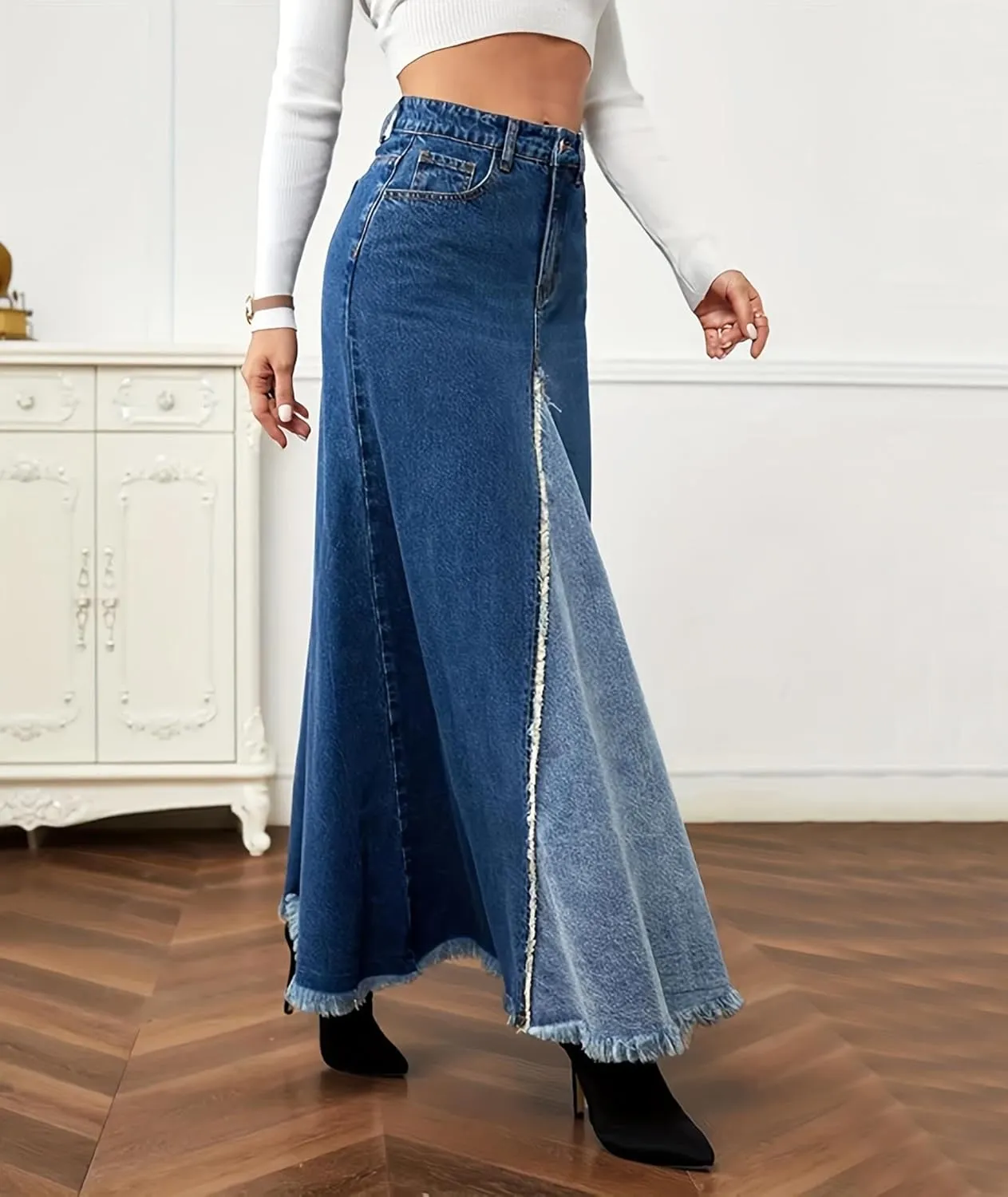 Sexyshine Women's High Waist Split Long Denim Skirt A Line Patchwork Raw Hem Y2K Streetwear Pleated Maxi Jeans Skirts