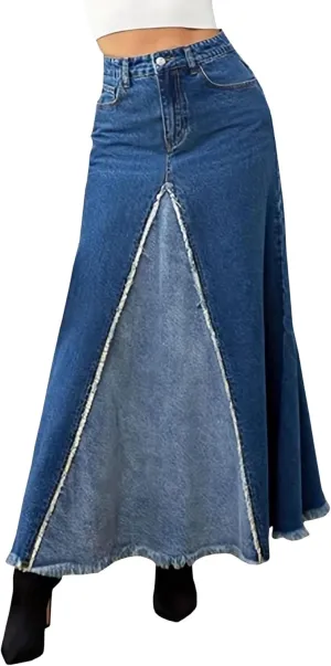Sexyshine Women's High Waist Split Long Denim Skirt A Line Patchwork Raw Hem Y2K Streetwear Pleated Maxi Jeans Skirts