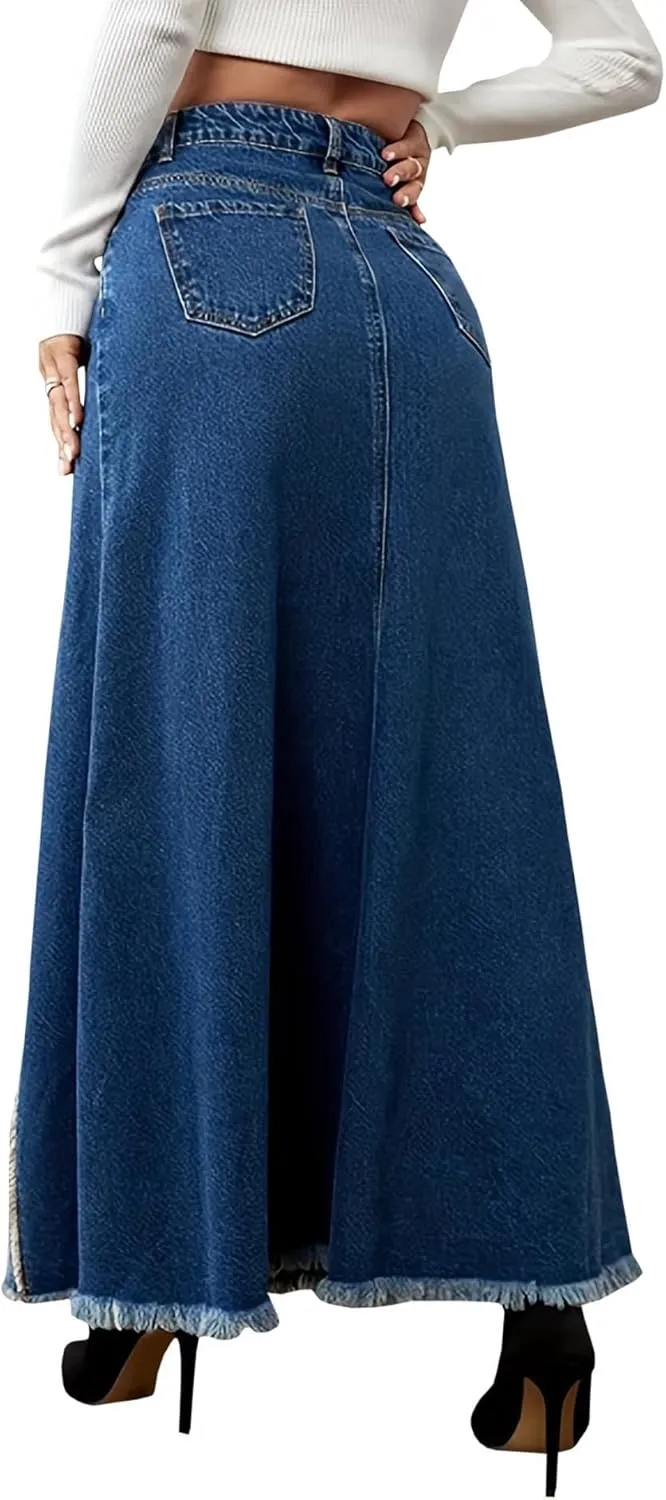 Sexyshine Women's High Waist Split Long Denim Skirt A Line Patchwork Raw Hem Y2K Streetwear Pleated Maxi Jeans Skirts