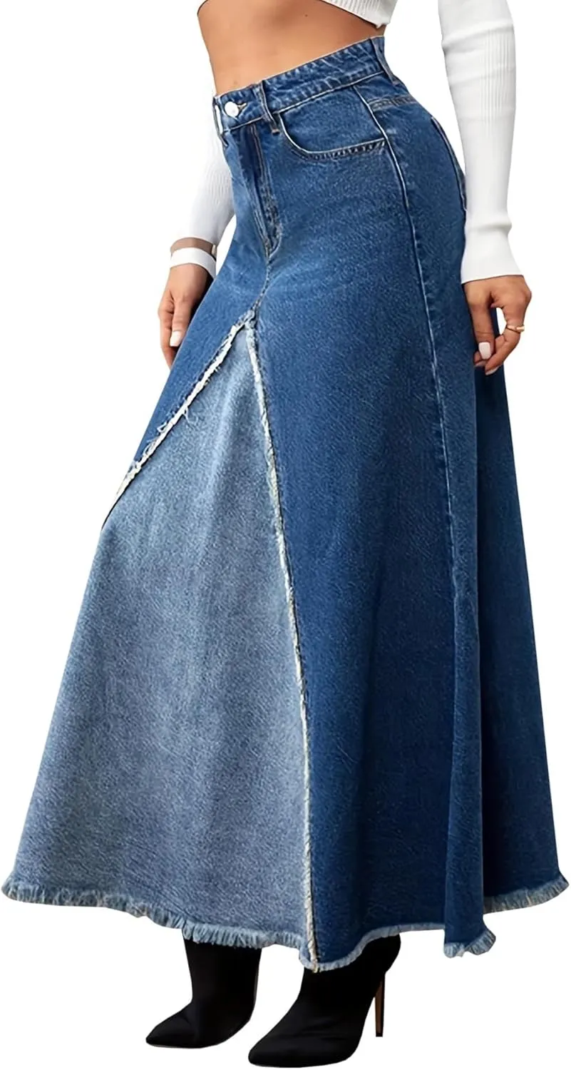 Sexyshine Women's High Waist Split Long Denim Skirt A Line Patchwork Raw Hem Y2K Streetwear Pleated Maxi Jeans Skirts
