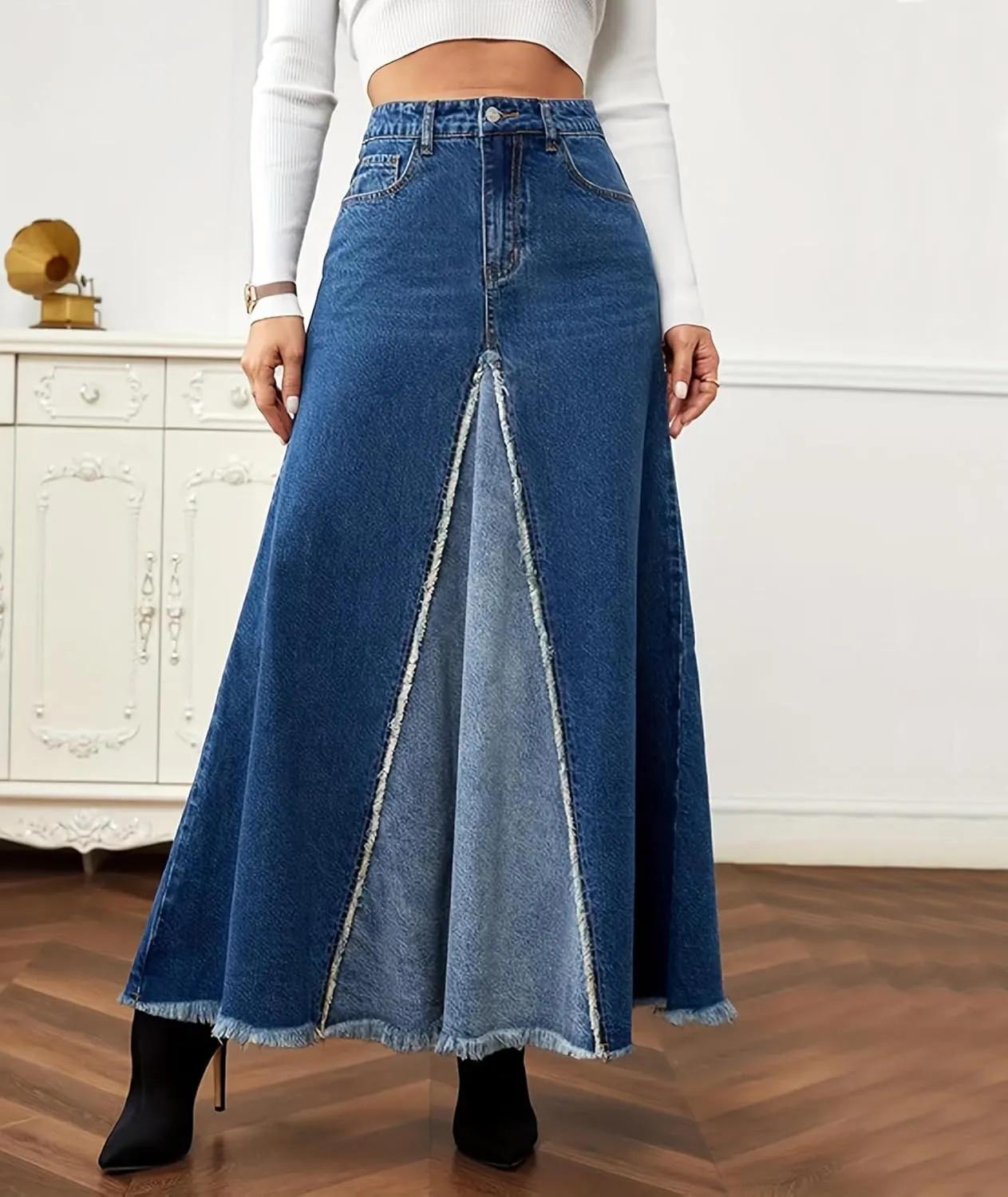 Sexyshine Women's High Waist Split Long Denim Skirt A Line Patchwork Raw Hem Y2K Streetwear Pleated Maxi Jeans Skirts