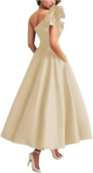 SHANDUAO Satin Mother of The Bride Dresses One Shlouler Tea Length Formal Wedding Guest Dress with Pockets