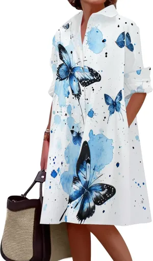 Shirt Dress for Women Button Down Long Sleeve Dress Casual Plus Size Printed Loose Dress with Pockets