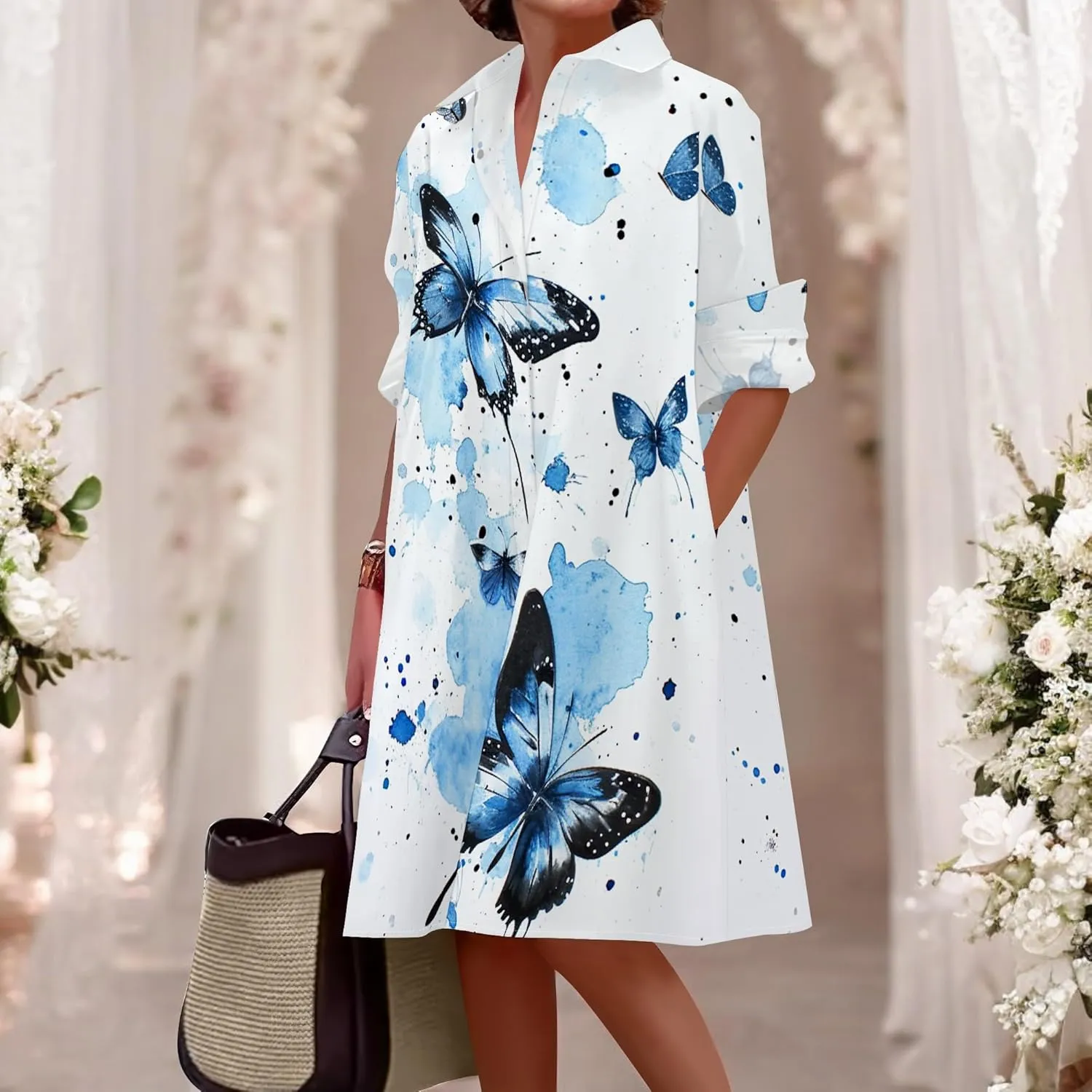Shirt Dress for Women Button Down Long Sleeve Dress Casual Plus Size Printed Loose Dress with Pockets
