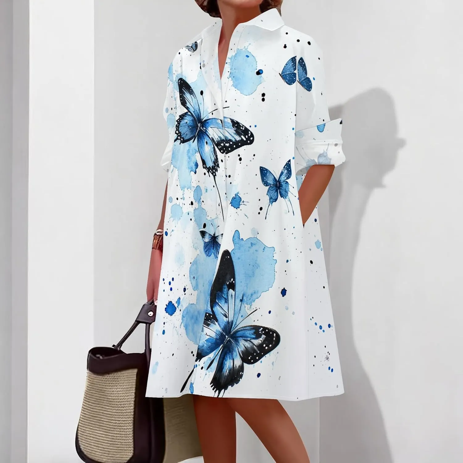 Shirt Dress for Women Button Down Long Sleeve Dress Casual Plus Size Printed Loose Dress with Pockets