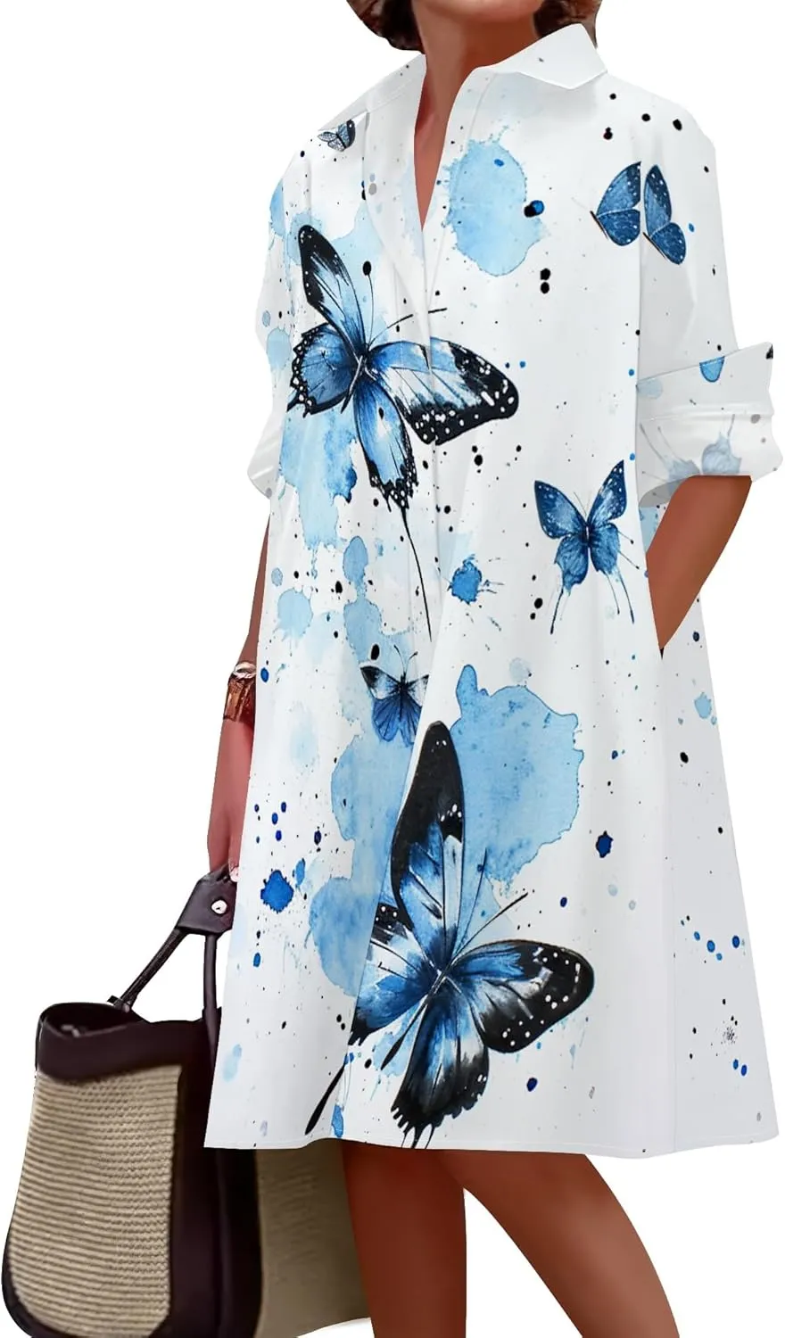 Shirt Dress for Women Button Down Long Sleeve Dress Casual Plus Size Printed Loose Dress with Pockets