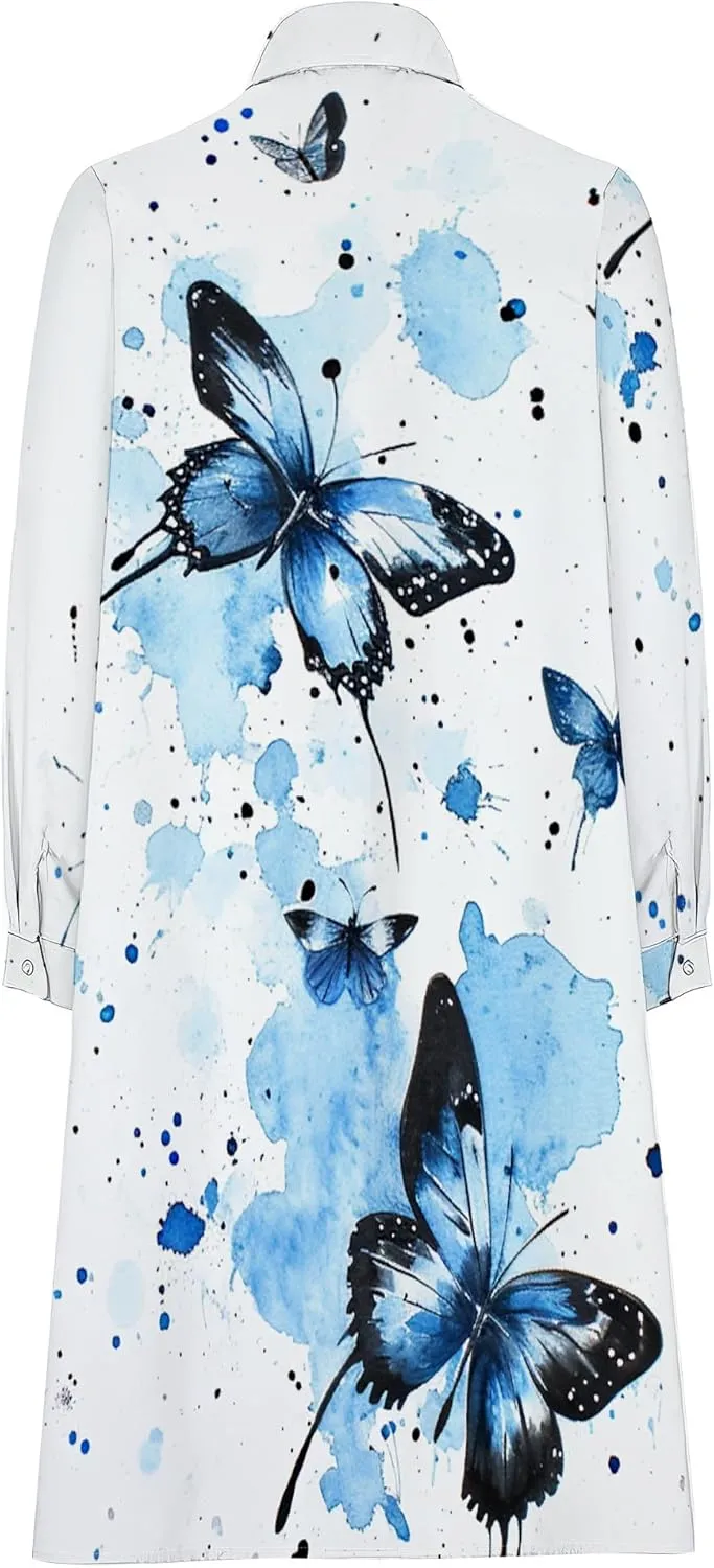 Shirt Dress for Women Button Down Long Sleeve Dress Casual Plus Size Printed Loose Dress with Pockets