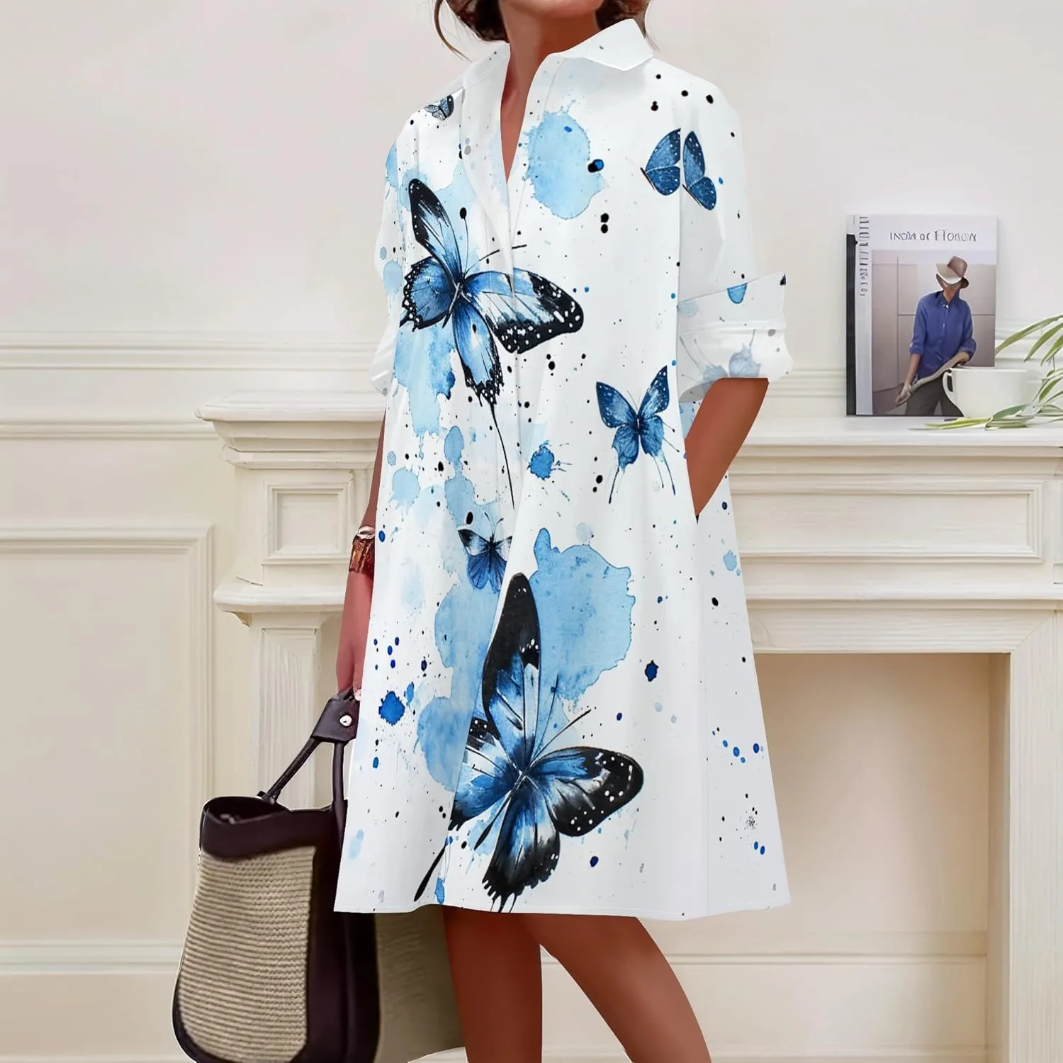 Shirt Dress for Women Button Down Long Sleeve Dress Casual Plus Size Printed Loose Dress with Pockets