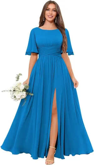 Short Sleeve Bridesmaid Dresses Long A Line Pleated Chiffon Formal Evening Dress with Slit