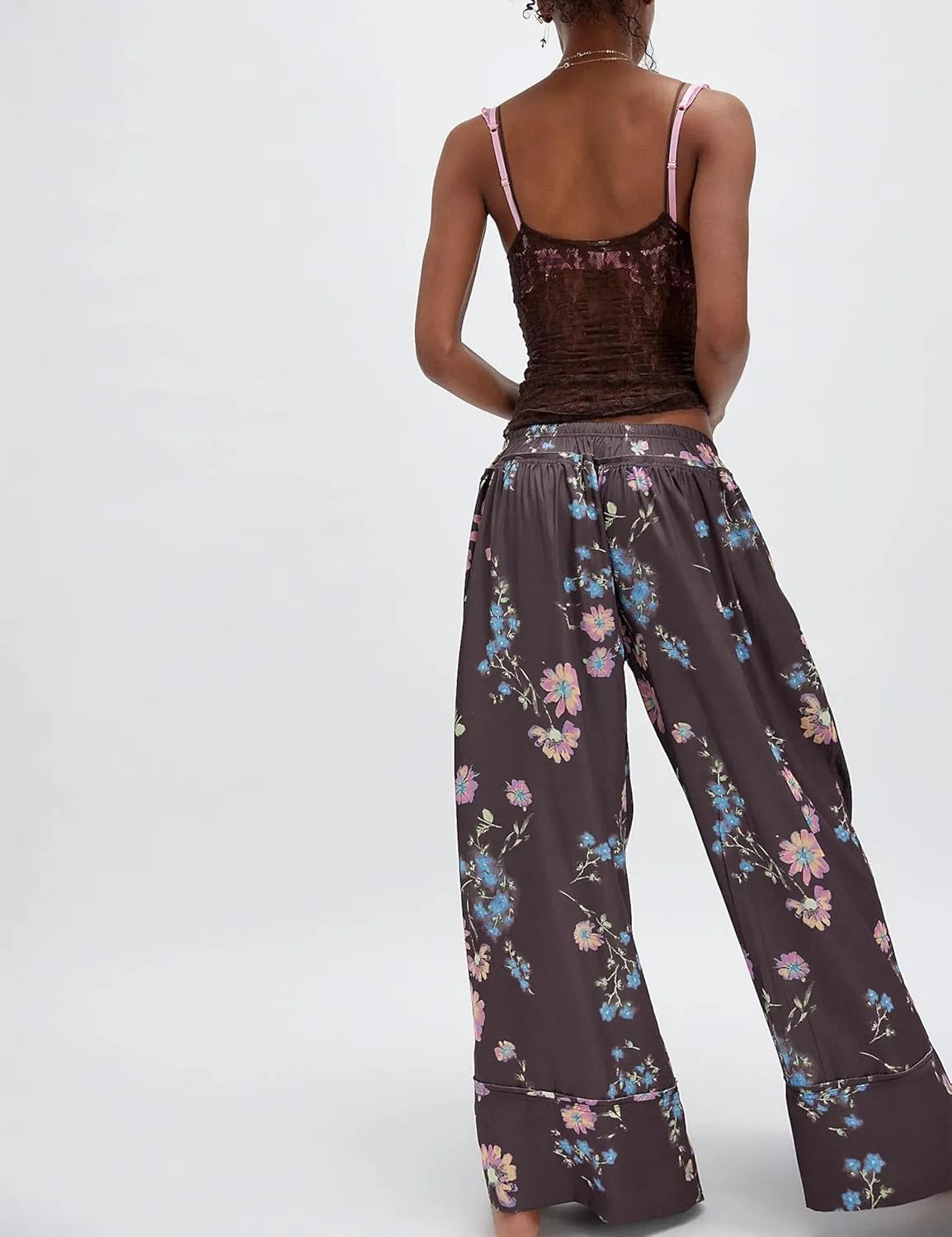 SKIKYAN Women Summer Casual High Waist Wide Leg Pants Floral Print Palazzo Pant Flowy Lounge Beach Trousers with Pockets