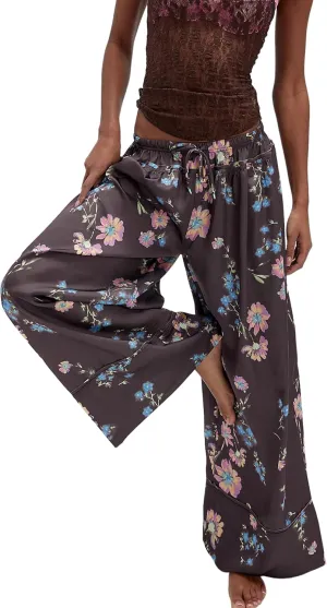 SKIKYAN Women Summer Casual High Waist Wide Leg Pants Floral Print Palazzo Pant Flowy Lounge Beach Trousers with Pockets