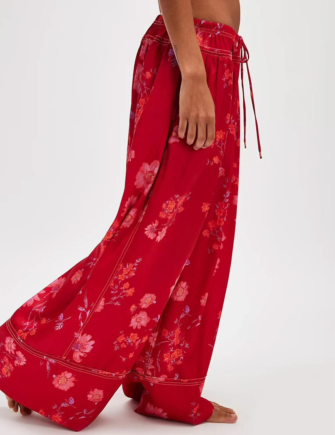 SKIKYAN Women Summer Casual High Waist Wide Leg Pants Floral Print Palazzo Pant Flowy Lounge Beach Trousers with Pockets