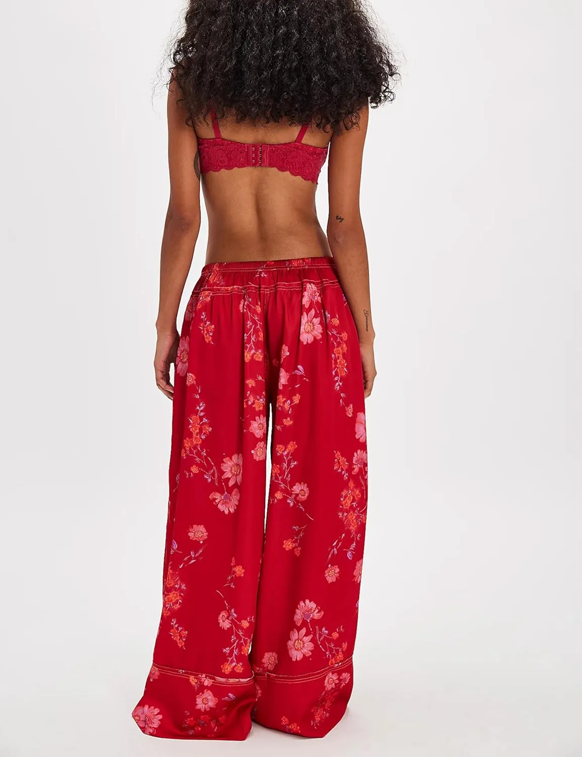 SKIKYAN Women Summer Casual High Waist Wide Leg Pants Floral Print Palazzo Pant Flowy Lounge Beach Trousers with Pockets