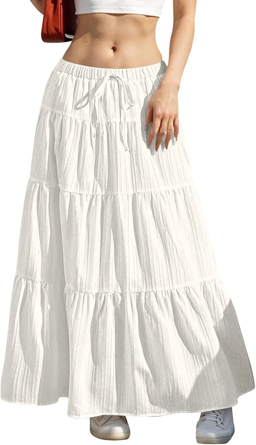 Skirt for Women Pleated Ruffled Tiered Maxi Length Skorts Drawstring Loose Stretchy High Waist Basic Casual 2025 Y2K
