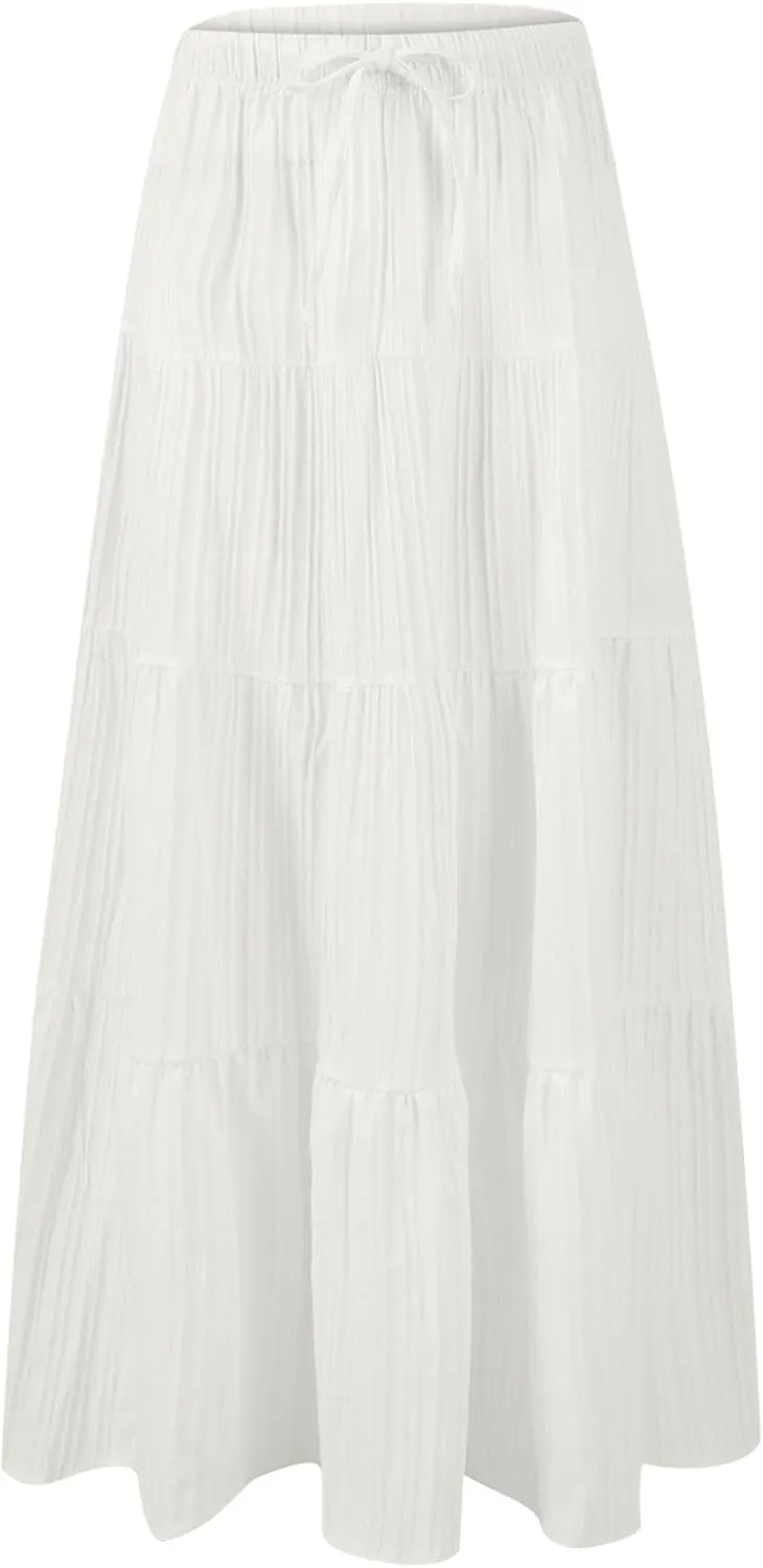 Skirt for Women Pleated Ruffled Tiered Maxi Length Skorts Drawstring Loose Stretchy High Waist Basic Casual 2025 Y2K