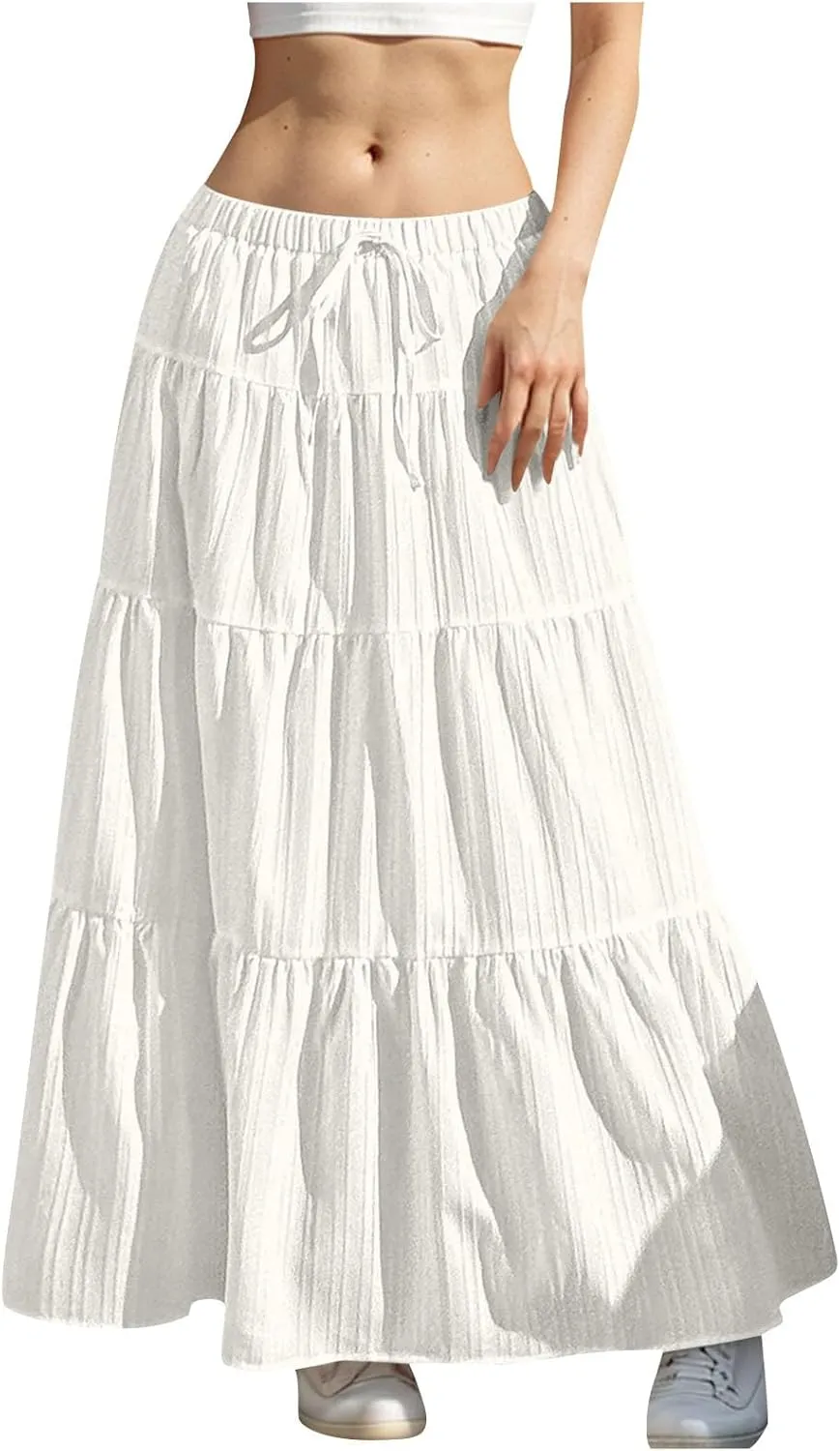 Skirt for Women Pleated Ruffled Tiered Maxi Length Skorts Drawstring Loose Stretchy High Waist Basic Casual 2025 Y2K