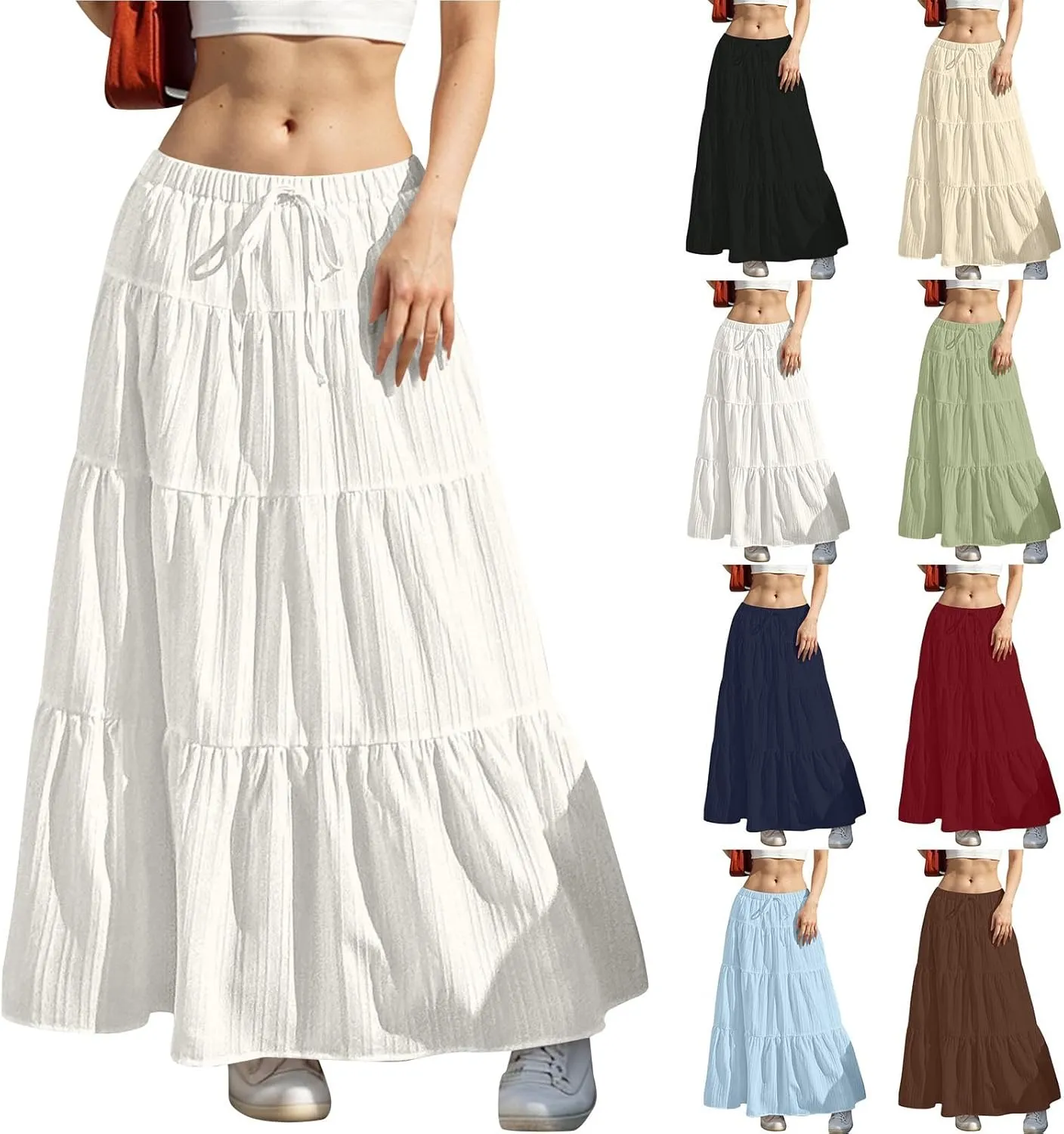 Skirt for Women Pleated Ruffled Tiered Maxi Length Skorts Drawstring Loose Stretchy High Waist Basic Casual 2025 Y2K
