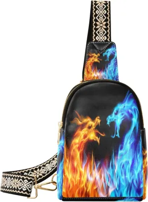 Small Sling Bag Waist Packs Leather Crossbody Packs Chest Bag Blue and Red Fire Dragons for Women Travel Belt Purse