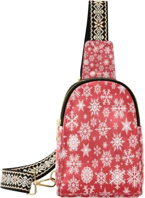 Small Sling Bag Waist Packs Leather Crossbody Packs Chest Bag Christmas White Snowflakes for Women Travel Belt Purse