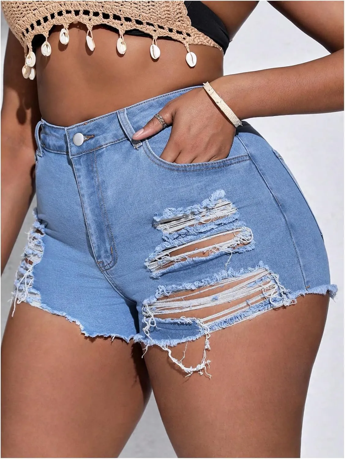 SOLY HUX Women's Plus Size Ripped Denim Shorts Casual Summer High Waisted Skinny Jean Shorts