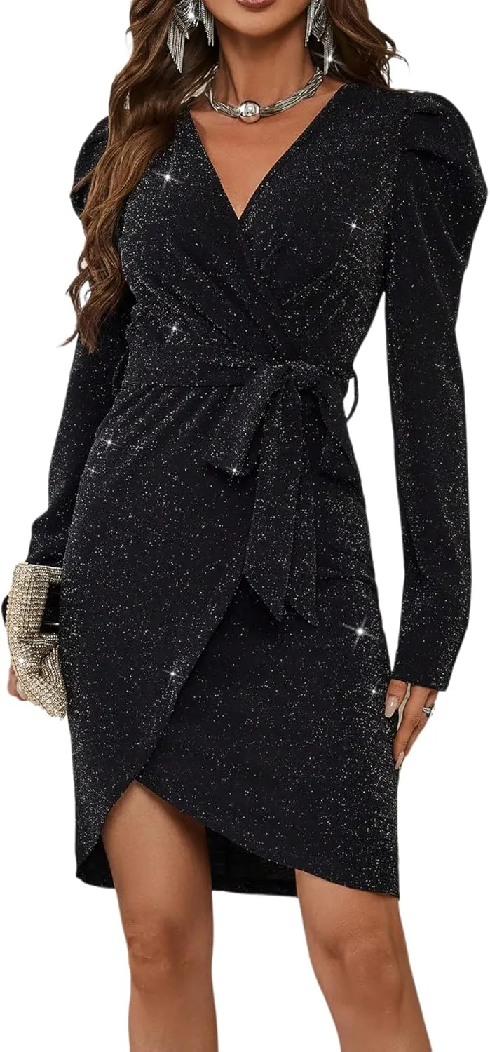 Sparkly Women's Elegant Deep V Neck High Waist Wrap Long Sleeve Mini Dress with Bow Belt Party Club Dress