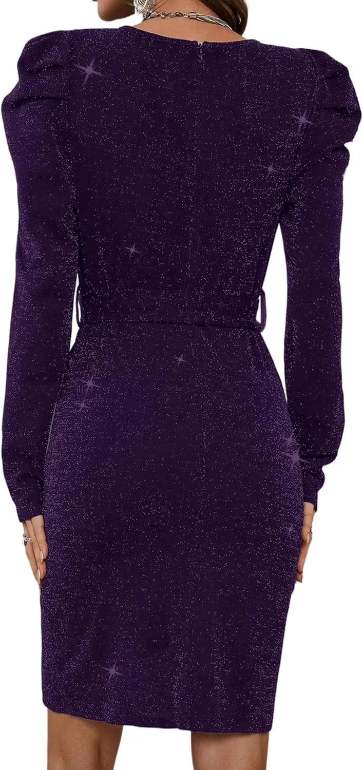 Sparkly Women's Elegant Deep V Neck High Waist Wrap Long Sleeve Mini Dress with Bow Belt Party Club Dress