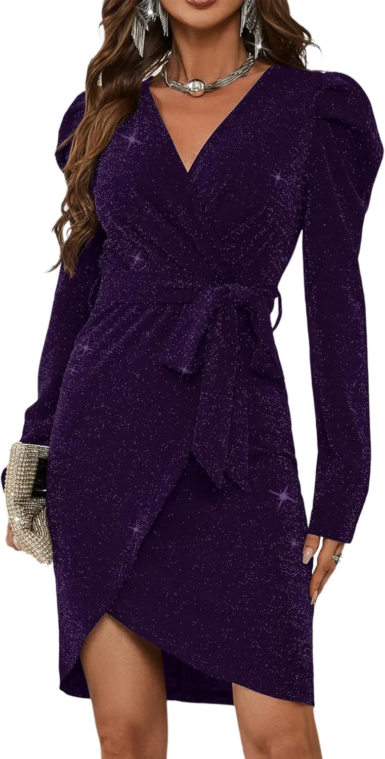 Sparkly Women's Elegant Deep V Neck High Waist Wrap Long Sleeve Mini Dress with Bow Belt Party Club Dress