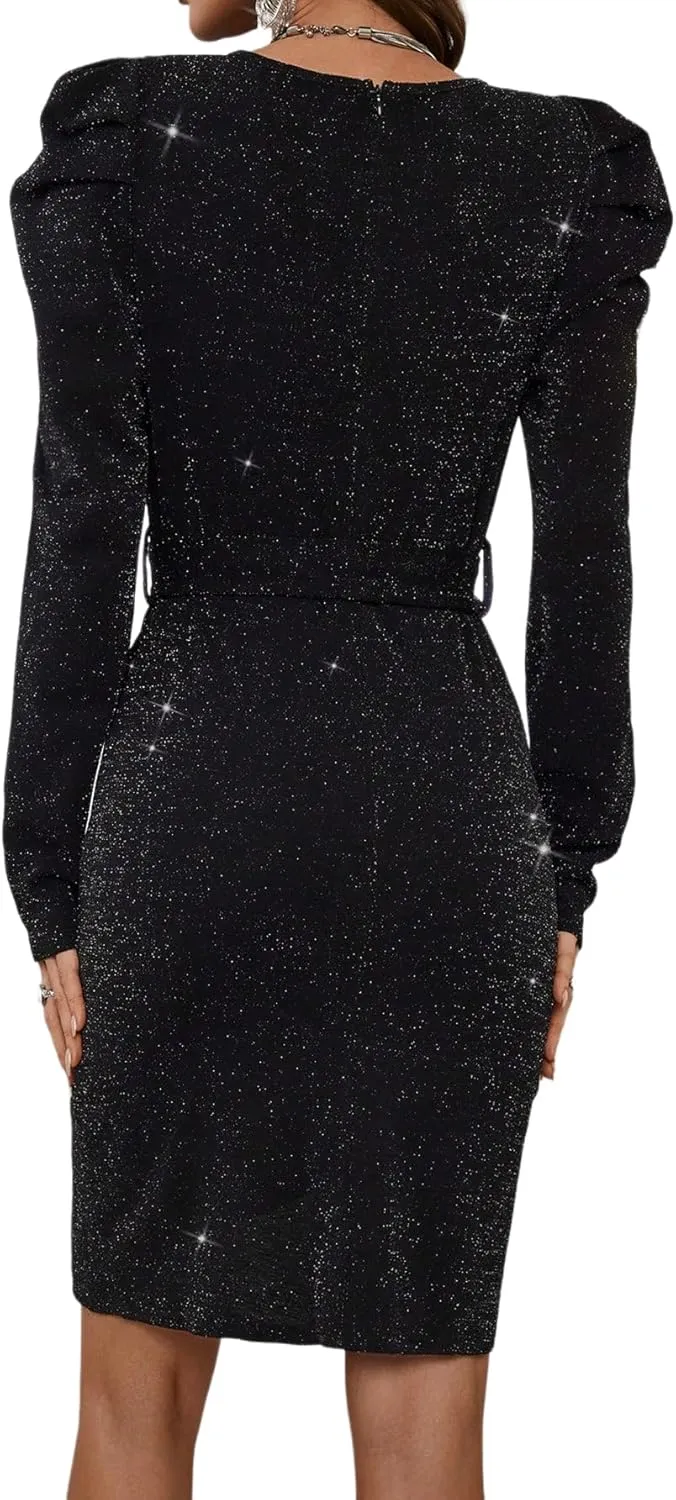 Sparkly Women's Elegant Deep V Neck High Waist Wrap Long Sleeve Mini Dress with Bow Belt Party Club Dress