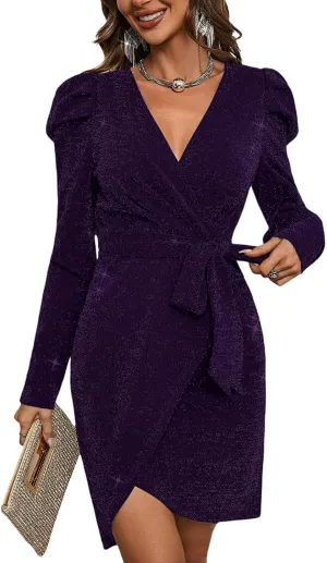 Sparkly Women's Elegant Deep V Neck High Waist Wrap Long Sleeve Mini Dress with Bow Belt Party Club Dress