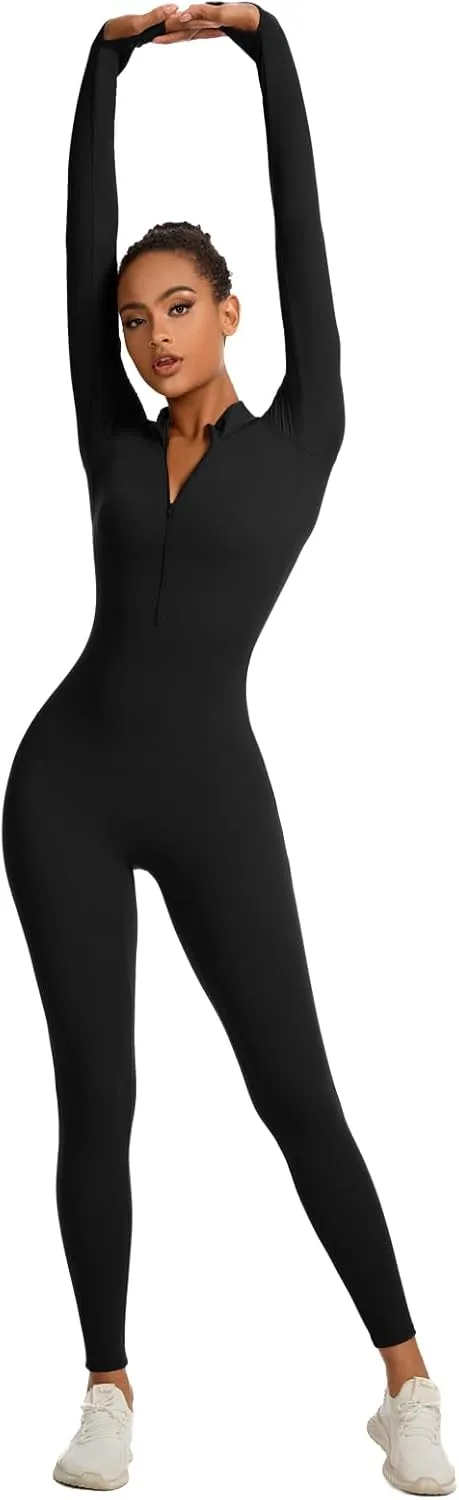speerise Women Long Sleeve Bodycon Romper Bodysuit Jumpsuit Zip Front Tummy Control Slimming Yoga Fitness Workout Wear