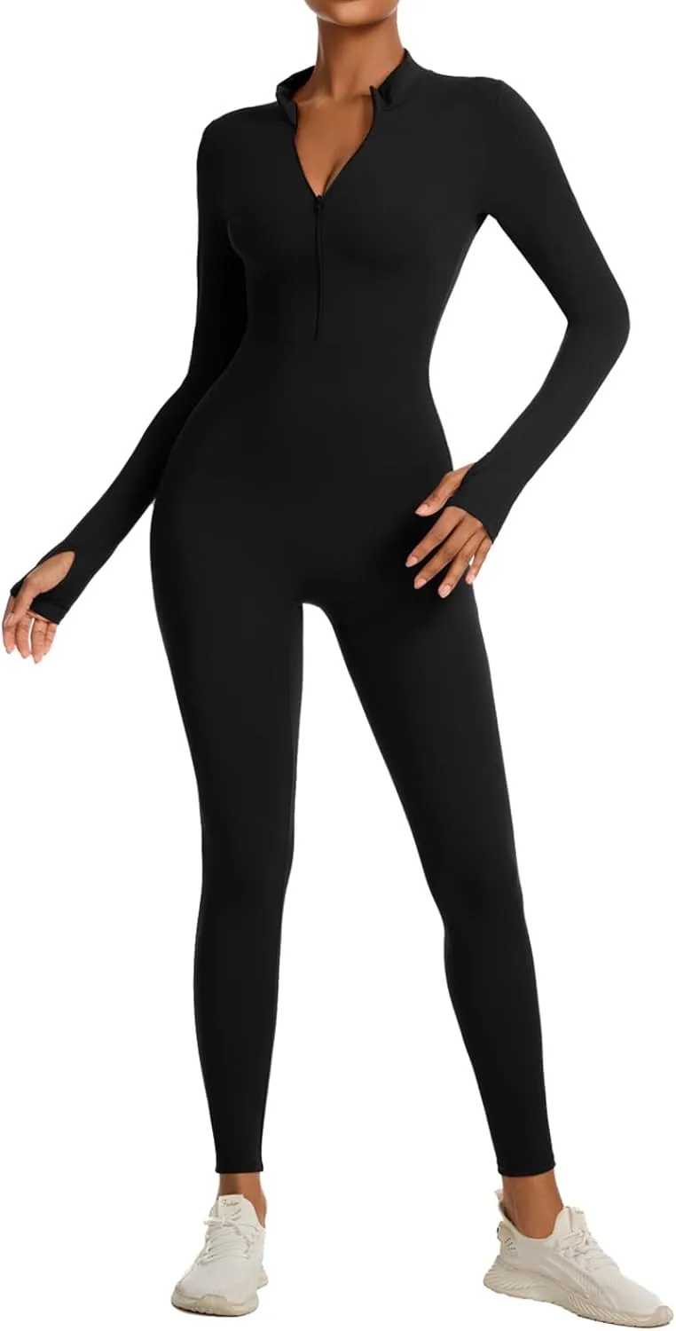 speerise Women Long Sleeve Bodycon Romper Bodysuit Jumpsuit Zip Front Tummy Control Slimming Yoga Fitness Workout Wear