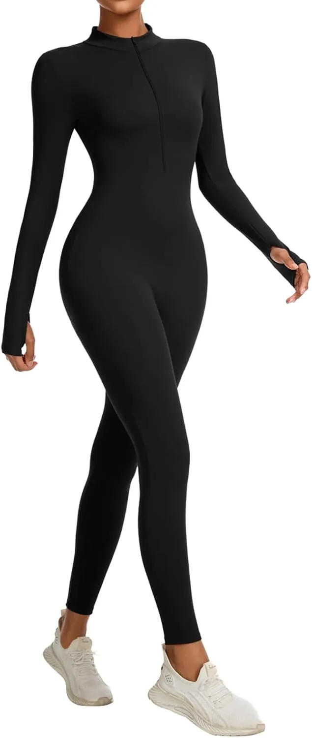 speerise Women Long Sleeve Bodycon Romper Bodysuit Jumpsuit Zip Front Tummy Control Slimming Yoga Fitness Workout Wear