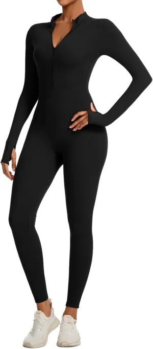 speerise Women Long Sleeve Bodycon Romper Bodysuit Jumpsuit Zip Front Tummy Control Slimming Yoga Fitness Workout Wear