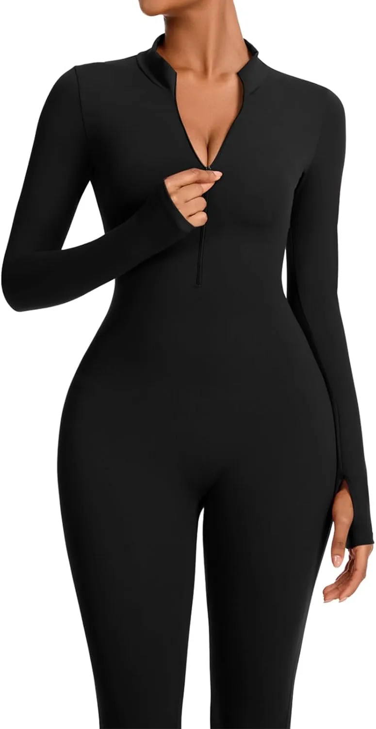 speerise Women Long Sleeve Bodycon Romper Bodysuit Jumpsuit Zip Front Tummy Control Slimming Yoga Fitness Workout Wear