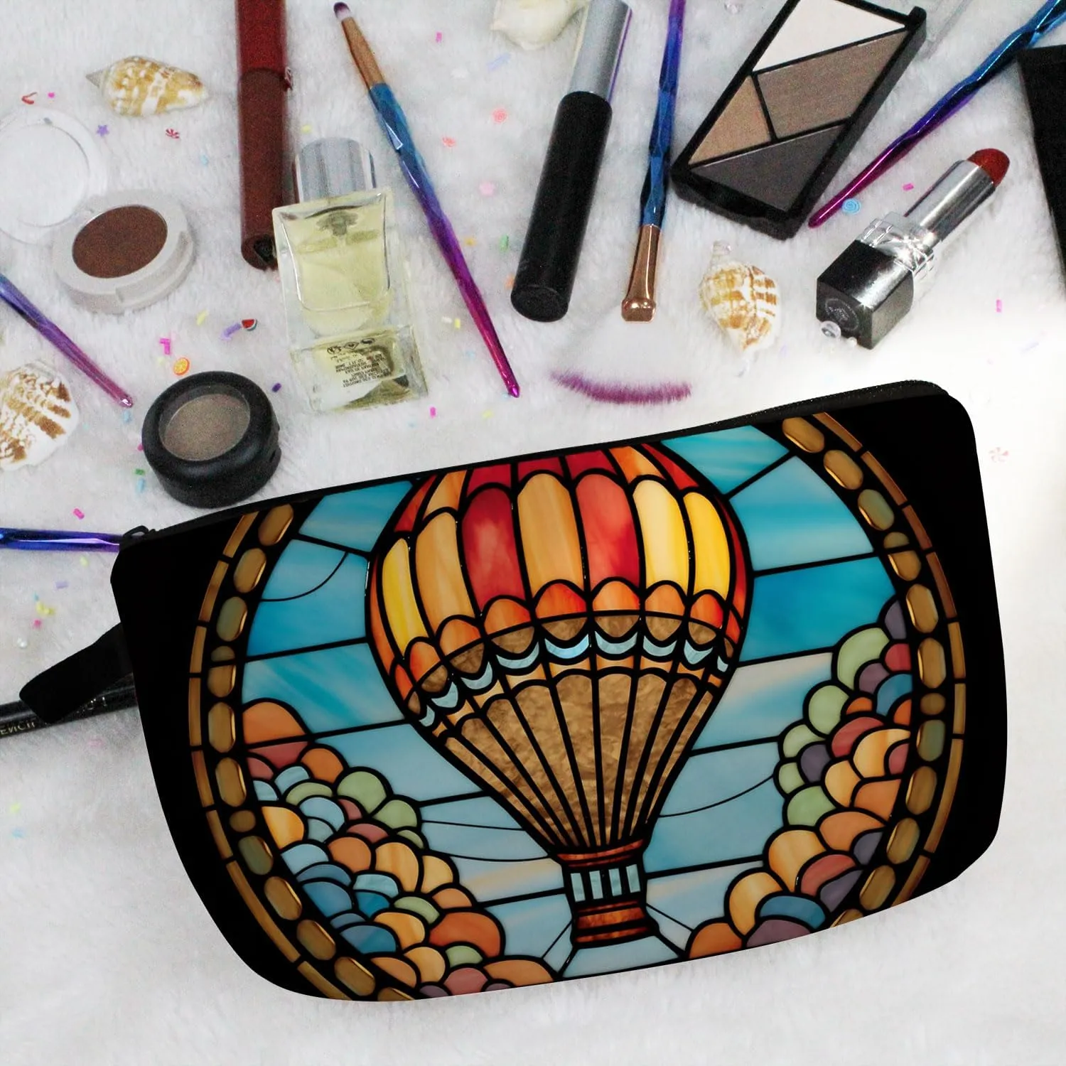 Stained Glass Hot Air Balloon Makeup Bag Colorful Fire Balloon Cute Small Organizer Bag Zipper Pouch Stained Glass Design Hot Air Balloon Cosmetic Bag Present for Women Friends
