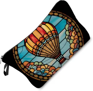 Stained Glass Hot Air Balloon Makeup Bag Colorful Fire Balloon Cute Small Organizer Bag Zipper Pouch Stained Glass Design Hot Air Balloon Cosmetic Bag Present for Women Friends