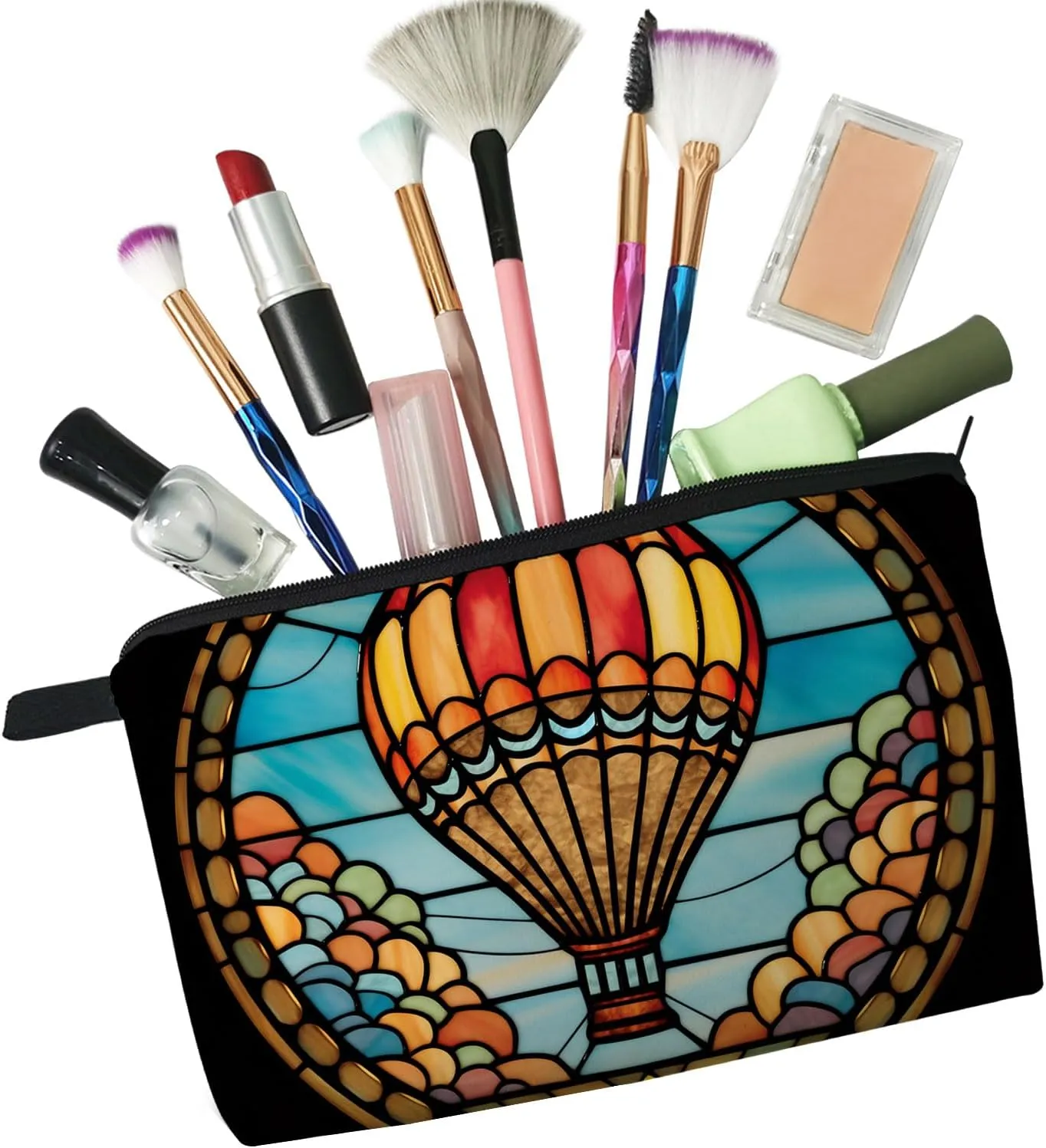 Stained Glass Hot Air Balloon Makeup Bag Colorful Fire Balloon Cute Small Organizer Bag Zipper Pouch Stained Glass Design Hot Air Balloon Cosmetic Bag Present for Women Friends