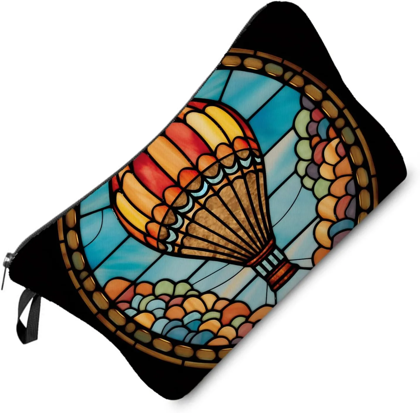 Stained Glass Hot Air Balloon Makeup Bag Colorful Fire Balloon Cute Small Organizer Bag Zipper Pouch Stained Glass Design Hot Air Balloon Cosmetic Bag Present for Women Friends