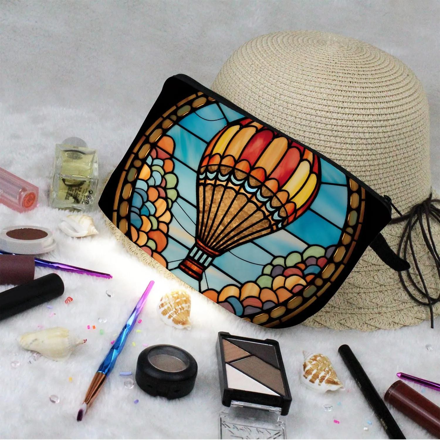 Stained Glass Hot Air Balloon Makeup Bag Colorful Fire Balloon Cute Small Organizer Bag Zipper Pouch Stained Glass Design Hot Air Balloon Cosmetic Bag Present for Women Friends