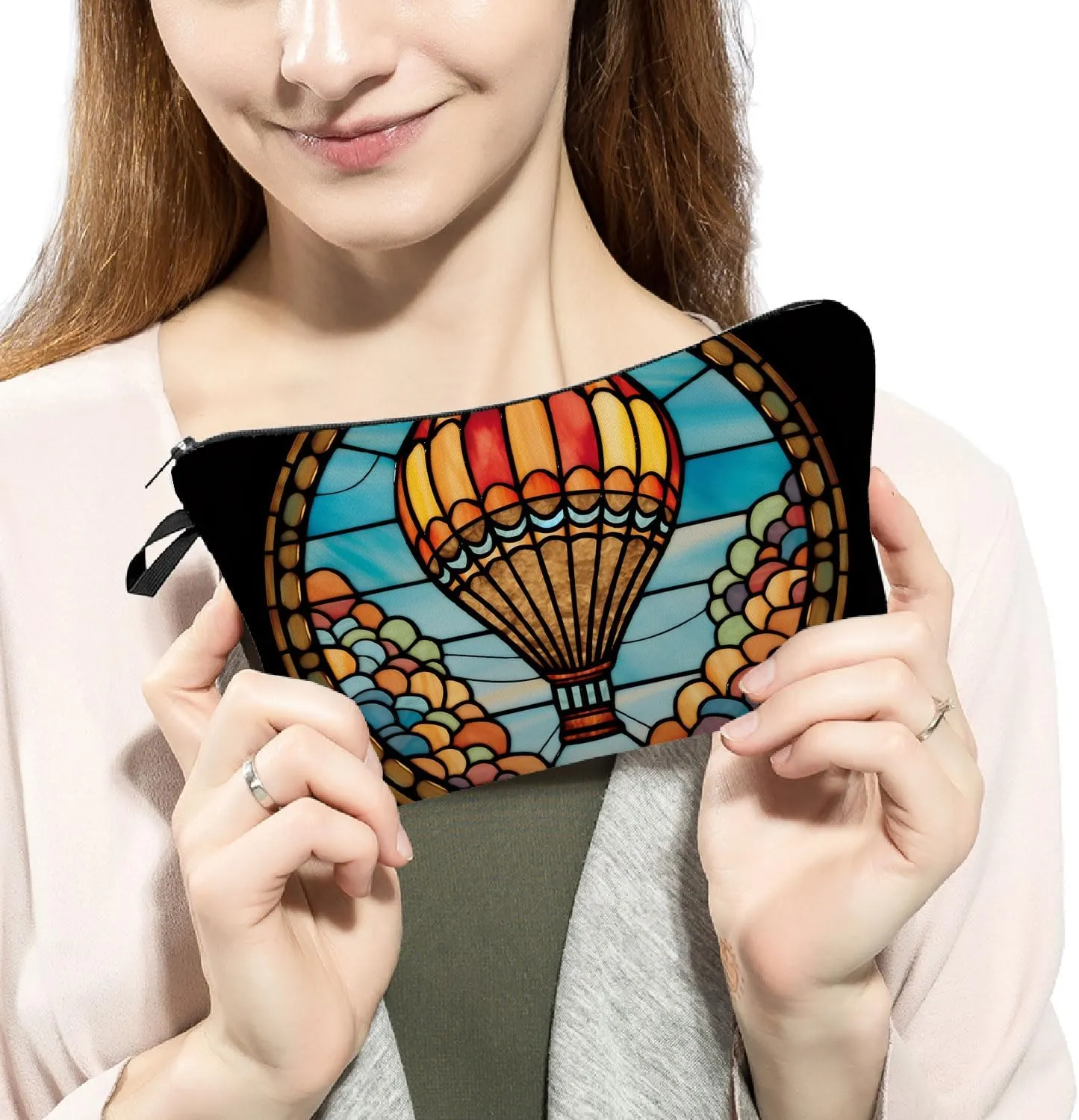 Stained Glass Hot Air Balloon Makeup Bag Colorful Fire Balloon Cute Small Organizer Bag Zipper Pouch Stained Glass Design Hot Air Balloon Cosmetic Bag Present for Women Friends