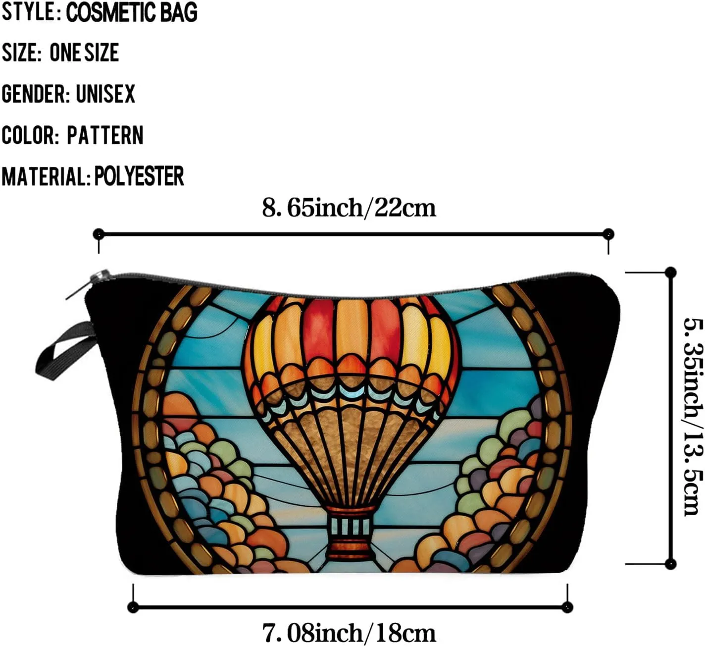 Stained Glass Hot Air Balloon Makeup Bag Colorful Fire Balloon Cute Small Organizer Bag Zipper Pouch Stained Glass Design Hot Air Balloon Cosmetic Bag Present for Women Friends