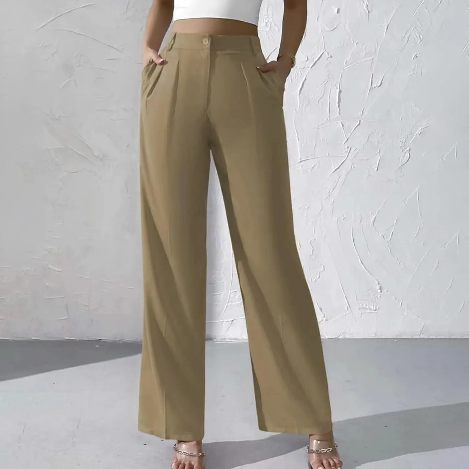 Straight Leg Dress Pants for Women Solid Color Pleated Palazzo Pants Stylish Casual High Waist Button Work Trousers